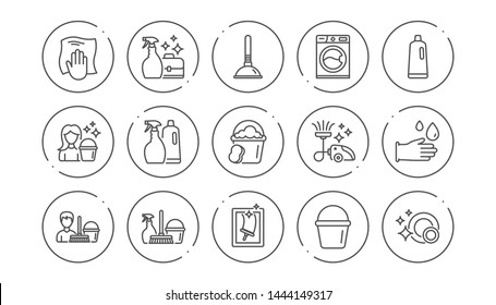 Cleaning line icons. Laundry, Window sponge and Vacuum cleaner. Washing machine linear icon set. Line buttons with icon. Editable stroke. Vector