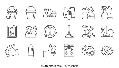 Cleaning line icons. Laundry, Window sponge and Vacuum cleaner. Washing machine linear icon set. Quality line set. Vector