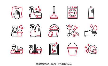 Cleaning line icons. Laundry, Window sponge and Vacuum cleaner. Washing machine linear icon set. Linear set. Quality line set. Vector