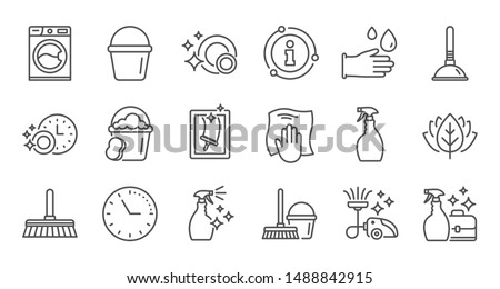 Cleaning line icons. Laundry, Window sponge and Vacuum cleaner. Washing machine linear icon set. Quality line set. Vector