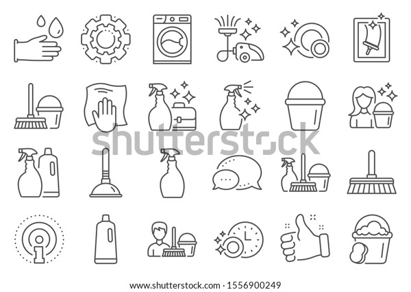 Cleaning line icons. Laundry, Window sponge and\
Vacuum cleaner icons. Washing machine, Housekeeping service and\
Maid cleaner equipment. Window cleaning, Wipe off, laundry washing\
machine. Vector