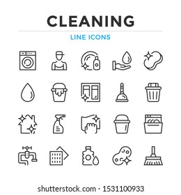 Conjunto de iconos de línea de limpieza. Conceptos limpios. Elementos de esquema modernos, diseño gráfico, colección de símbolos simples. Iconos de línea de vector