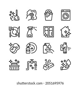 Iconos de línea de limpieza. Conjunto de símbolos de contorno, elementos gráficos simples, colección de pictogramas negros de estilo lineal moderno. Conjunto de iconos de línea de vector