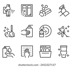 Cleaning line icons. Set of outline symbols, simple graphic elements, modern linear style black pictograms collection. Vector line icons set