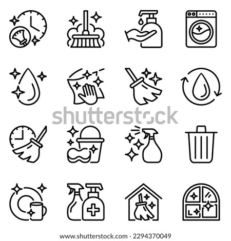 cleaning line icons set. wash, spray, stroke, dust, hygiene, outline, cloth, maid, drop, liquid, service, window, brush, tool, housekeeping, dirty, soap, washing, mop, household, work, washer