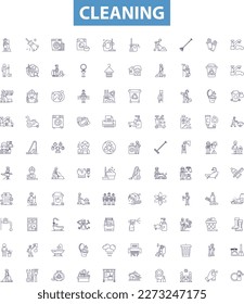 Cleaning line icons, signs set. Sanitize, Wash, Scrub, Sweep, Vacuum, Dust, Hoover, Mopping, Disinfect outline vector illustrations.