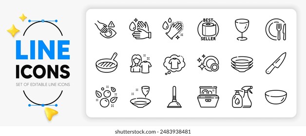 Cleaning liquids, Dish and Clean dishes line icons set for app include Bowl dish, Dont touch, T-shirt outline thin icon. Dishwasher, Grill pan, Glass pictogram icon. Clean bubbles. Vector