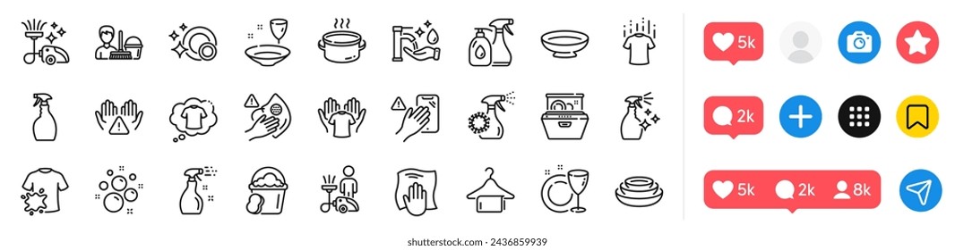 Cleaning liquids, Vacuum cleaner and Washing hands line icons pack. Social media icons. Clean dishes, Clean hands, Hold t-shirt web icon. Cleaning service, Dont touch, Sponge pictogram. Vector