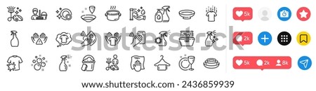 Cleaning liquids, Vacuum cleaner and Washing hands line icons pack. Social media icons. Clean dishes, Clean hands, Hold t-shirt web icon. Cleaning service, Dont touch, Sponge pictogram. Vector