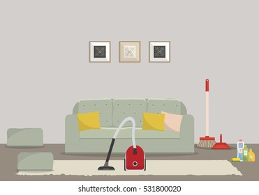Cleaning in a living room. There is a vacuum cleaner, a sofa with a yellow pillows, a chairs and other objects in the picture. Vector flat illustration