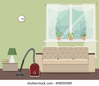 Cleaning in a living room. Vector flat illustration. There is a vacuum cleaner and sofa on a window background in a green room