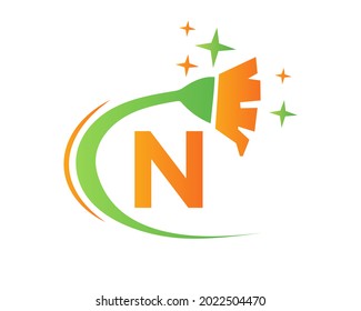 Cleaning logo with N letter concept. House clean and Broom logo. N letter Maid Logo Design