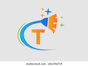 Cleaning logo with T letter concept. House clean and Broom logo. T letter Maid Logo Design
