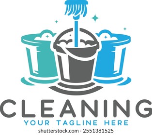 Cleaning Logo Vector Illustration,  Cleaning Logo with Mop and Basket, Floor Washing Logo with Mop and Bucket Icon, 