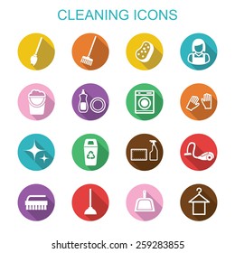 cleaning long shadow icons, flat vector symbols