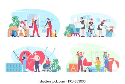 Cleaning, maid, babysitter and nurse concepts. Female babysitter care kids, team of home cleaners, Nurse care about elderly disabled patients, Professional housework. Vector illustration.