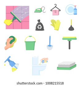 Cleaning and maid cartoon icons in set collection for design. Equipment for cleaning vector symbol stock web illustration.