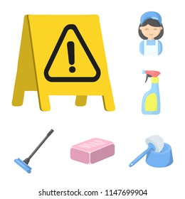 Cleaning and maid cartoon icons in set collection for design. Equipment for cleaning vector symbol stock web illustration.
