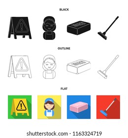 Cleaning and maid cartoon icons in set collection for design. Equipment for cleaning vector symbol stock web illustration.