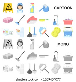Cleaning and maid cartoon icons in set collection for design. Equipment for cleaning vector symbol stock web illustration.