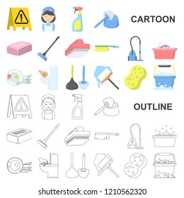 Cleaning and maid cartoon icons in set collection for design. Equipment for cleaning vector symbol stock web illustration.