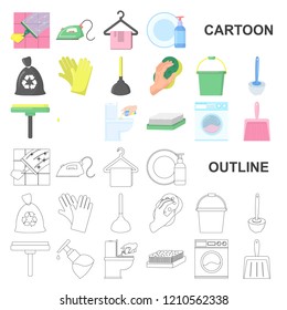 Cleaning and maid cartoon icons in set collection for design. Equipment for cleaning vector symbol stock web illustration.