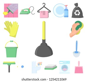 Cleaning and maid cartoon icons in set collection for design. Equipment for cleaning vector symbol stock web illustration.