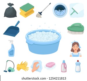 Cleaning and maid cartoon icons in set collection for design. Equipment for cleaning vector symbol stock web illustration.