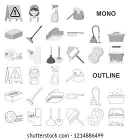 Cleaning and maid monochrom icons in set collection for design. Equipment for cleaning vector symbol stock web illustration.