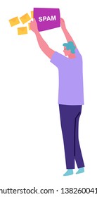 Cleaning of mail and work space from garbage, spam, trash removal. Guy removes spam from email, cleaning illustration concept. Concept flat illustration with colored characters.