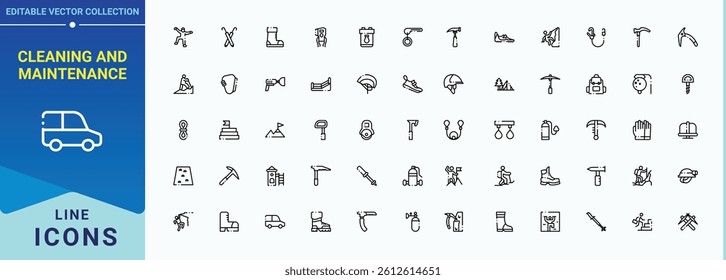 Cleaning And Maintenance icon collection. It contains symbols to washing, cleaner, cleaning, wash, house and more. Trendy minimal icons. Clean icon. Editable stroke. Vector illustration.