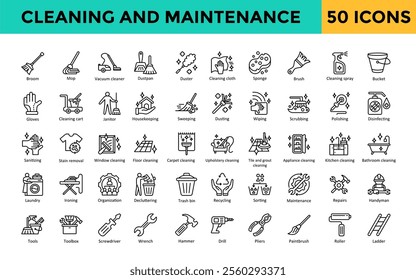 Cleaning and Maintenance icon set with broom, mop, vacuum cleaner, dustpan, duster, cleaning cloth, sponge, brush, cleaning spray, bucket icon. Simple line vector 
