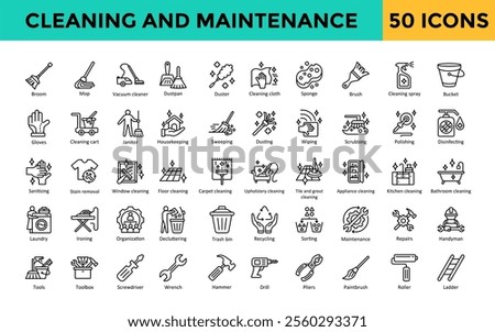 Cleaning and Maintenance icon set with broom, mop, vacuum cleaner, dustpan, duster, cleaning cloth, sponge, brush, cleaning spray, bucket icon. Simple line vector 
