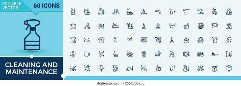 Cleaning And Maintenance icon set. Contains such icons as infection, disinfect, hand, house, stroke, household, washer and more. Thin linear style icons. Vector outline and solid icons collection.