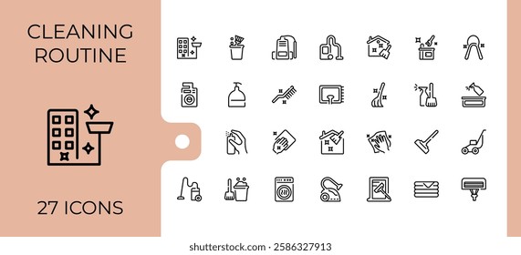 Cleaning And Maintenance icon set. Icons hygiene, stroke, sponge, scrubbing, disinfect, wash, clean and more. Icons for UI. Editable stroke. Vector illustration.