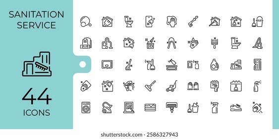 Cleaning And Maintenance icon set. Icons hygiene, stroke, sponge, scrubbing, disinfect, wash, clean and more. Icons for UI. Editable stroke. Vector illustration.