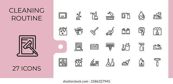 Cleaning And Maintenance icon set. Icons hygiene, stroke, sponge, scrubbing, disinfect, wash, clean and more. Icons for UI. Editable stroke. Vector illustration.