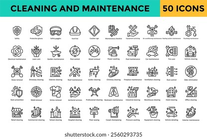 Cleaning and Maintenance icon set with safety, protective gloves, safety goggles, hard hat, caution sign, maintenance checklist, equipment servicing, air conditioning icon. Simple line vector 
