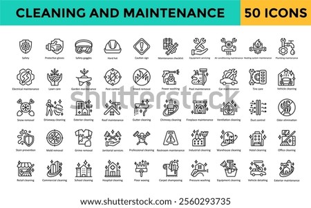 Cleaning and Maintenance icon set with safety, protective gloves, safety goggles, hard hat, caution sign, maintenance checklist, equipment servicing, air conditioning icon. Simple line vector 
