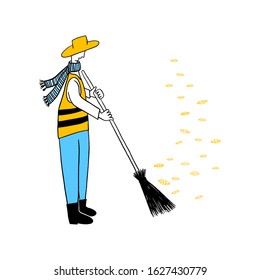 Cleaning maintenance. Leaf sweeper. Happy business people.