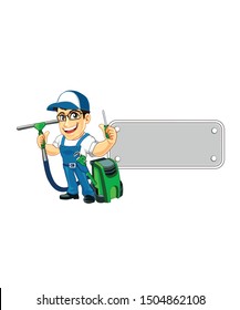 cleaning man with caps and vacuum cleaner