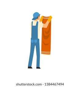Cleaning Man Hanging Clean Wet Clothes, Male Worker Character Dressed in Uniform and Rubber Gloves, Cleaning Service Vector Illustration