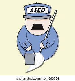cleaning man with hat and blue suit, mustache, and holding a mop and bucket on a yellow background.