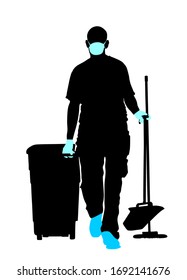 Cleaning Man With Protective Gear, Face Mask, Medical Gloves Vector Silhouette. Floor Care Service With Washing Mop Sterile. Trash Bin Worker Clean Hospital. Decontamination Against Corona Virus Covid