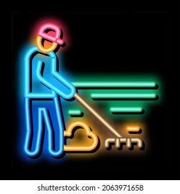 Reiniger mit Rake Neon Leuchtzeichen Vektor. Glühender Icon Reiniger mit Radzeichen. transparente Symbolillustration