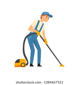 Cleaning Man Vacuuming Floor, Male Worker Character Dressed in Uniform and Rubber Gloves, Cleaning Service Vector Illustration