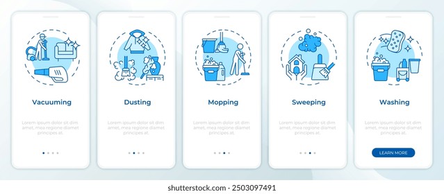 Cleaning methods blue onboarding mobile app screen. Walkthrough 5 steps editable graphic instructions with linear concepts. UI, UX, GUI template