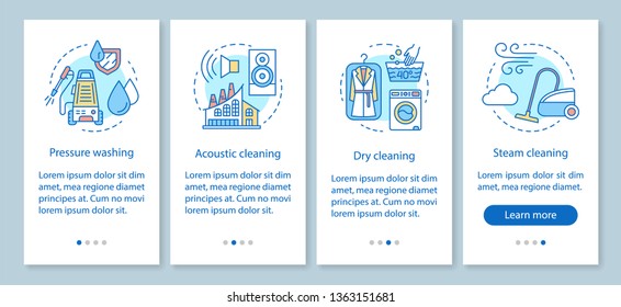 Cleaning methods onboarding mobile app page screen, linear concepts. Pressure washing. Dry, steam cleanup. Four walkthrough steps graphic instructions. UX, UI, GUI vector template with illustrations