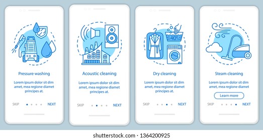 Cleaning methods onboarding mobile app page screen, linear concepts. Dry, steam cleanup. Four walkthrough steps graphic instructions. Pressure washing. UX, UI, GUI vector template with illustrations