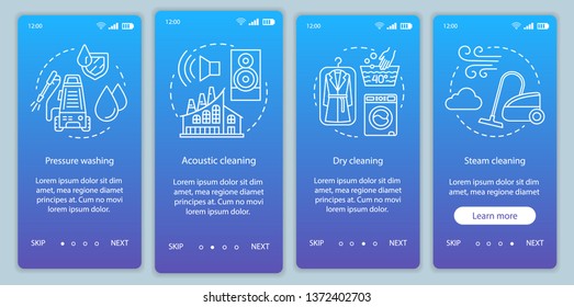 Cleaning methods onboarding mobile app page screen vector template. Pressure washing. Walkthrough website steps, linear illustration. Dry, steam cleanup. UX, UI, GUI smartphone interface concept